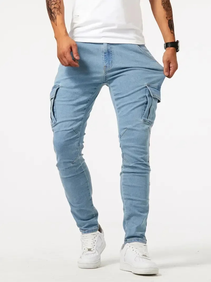 2025 pantalones vaqueros elásticos de calle para hombre, pantalones Cargo de mezclilla, pantalones informales con múltiples bolsillos de Color sólido, pantalones de cintura media, pantalones ajustados para uso diario
