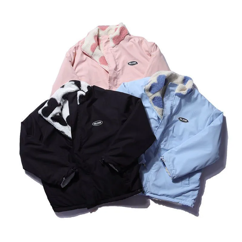 Liebe drucken Lamm wolle Parkas Frauen Winter doppelseitig tragen dicke lose Reiß verschluss Freizeit jacke bf Harajuku übergroße warme Oberbekleidung