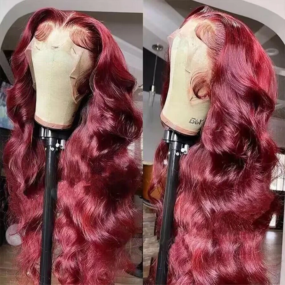 Peruca frontal de renda brasileira para mulheres, vermelho, onda corporal, 99j Borgonha, 13x6 Lace Front, cabelo humano, 200 Density, 13x4, 30 in, 36 in