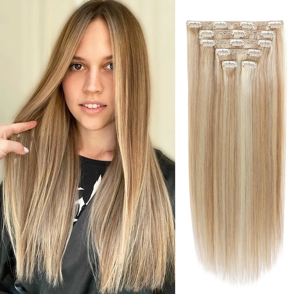 Bhf clipe em extensões de cabelo humano em linha reta remy cabelo natural preto claro marrom mel ombre extensões de cabelo com clipes 70g