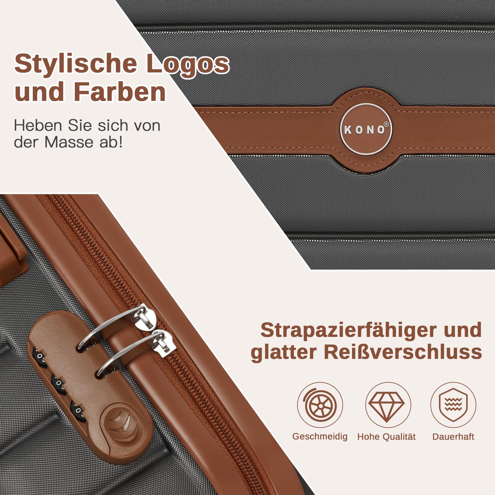 Zestaw walizek KONO Hard Shell Case (55/66/76 cm) PC z obrotem 360 stopni °   Zamek rolkowy i szyfrowy