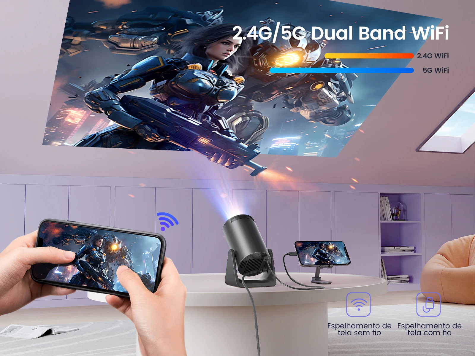 Mini projetor Wimius L1 com suporte a 1080P 300 ANSI Android 11 Wifi Bluetooth Projetor de filme portátil para áreas externas com Keystone automático para telefone/stick de TV/laptop