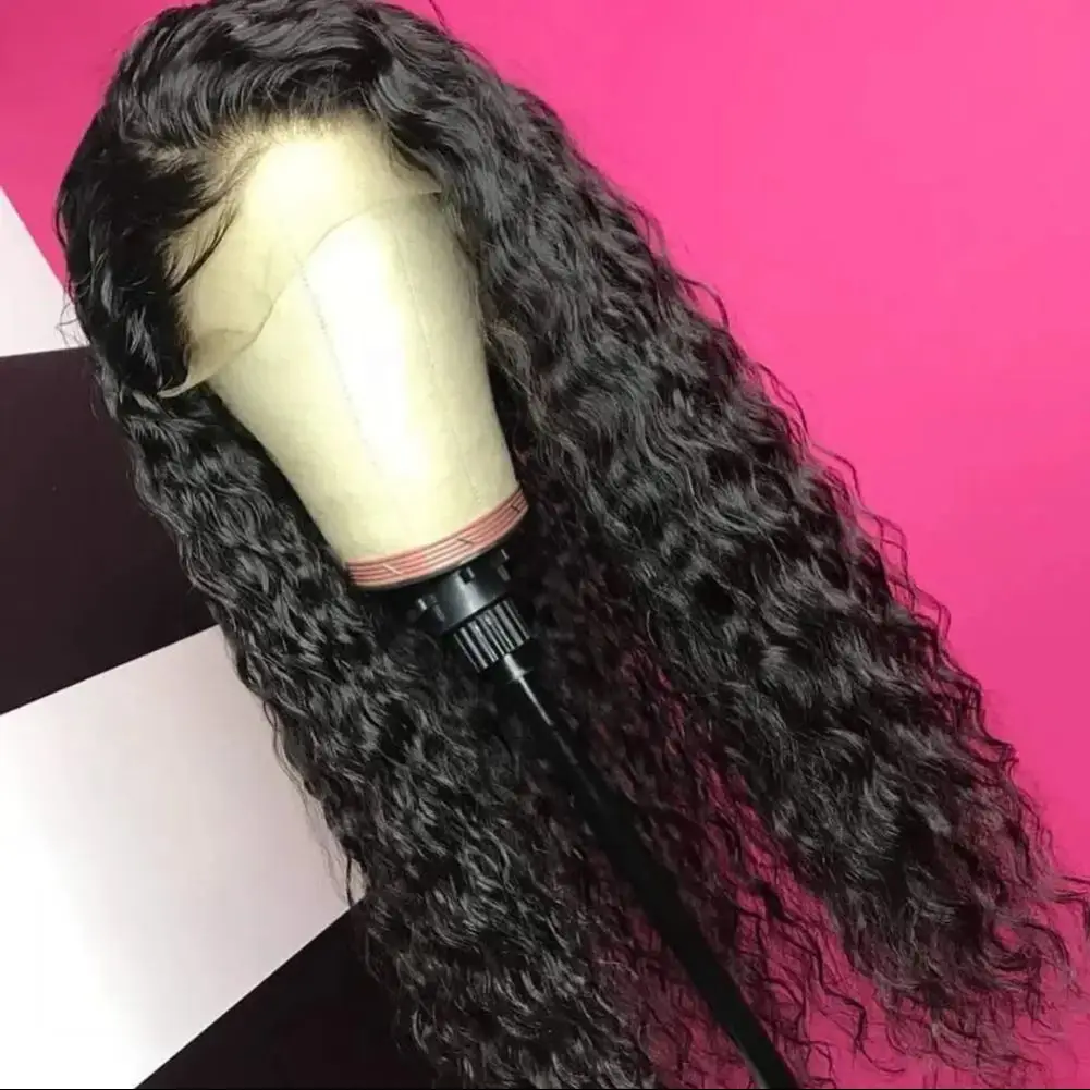 Preto encaracolado 13x4 perucas dianteiras do laço para preto feminino longo preto profundo ondulado peruca sintética pré arrancado peruca de linha fina natural (24 Polegada)