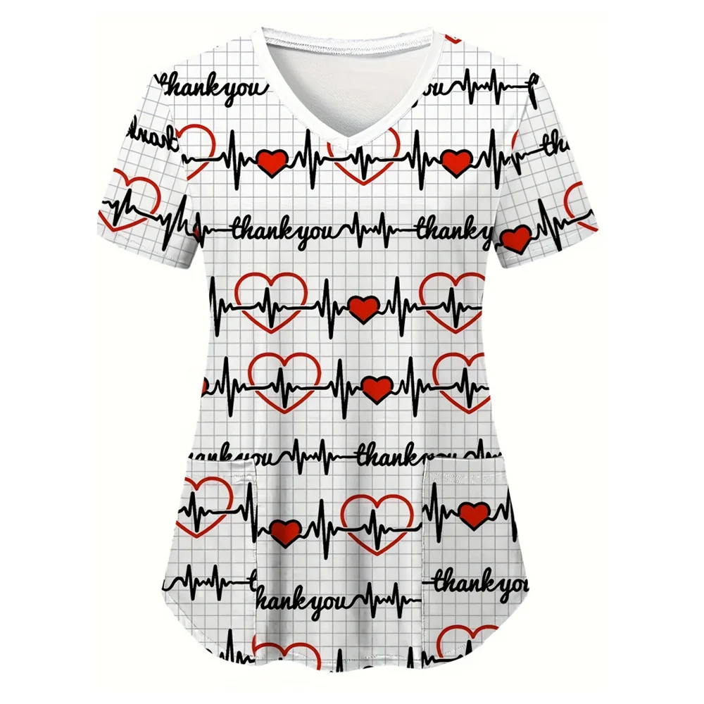 Impressão esfrega topo feminino com bolsos com decote em v esfrega uniformes pet grooming enfermeira spa cuidados camisa uniformes de enfermería para mujer
