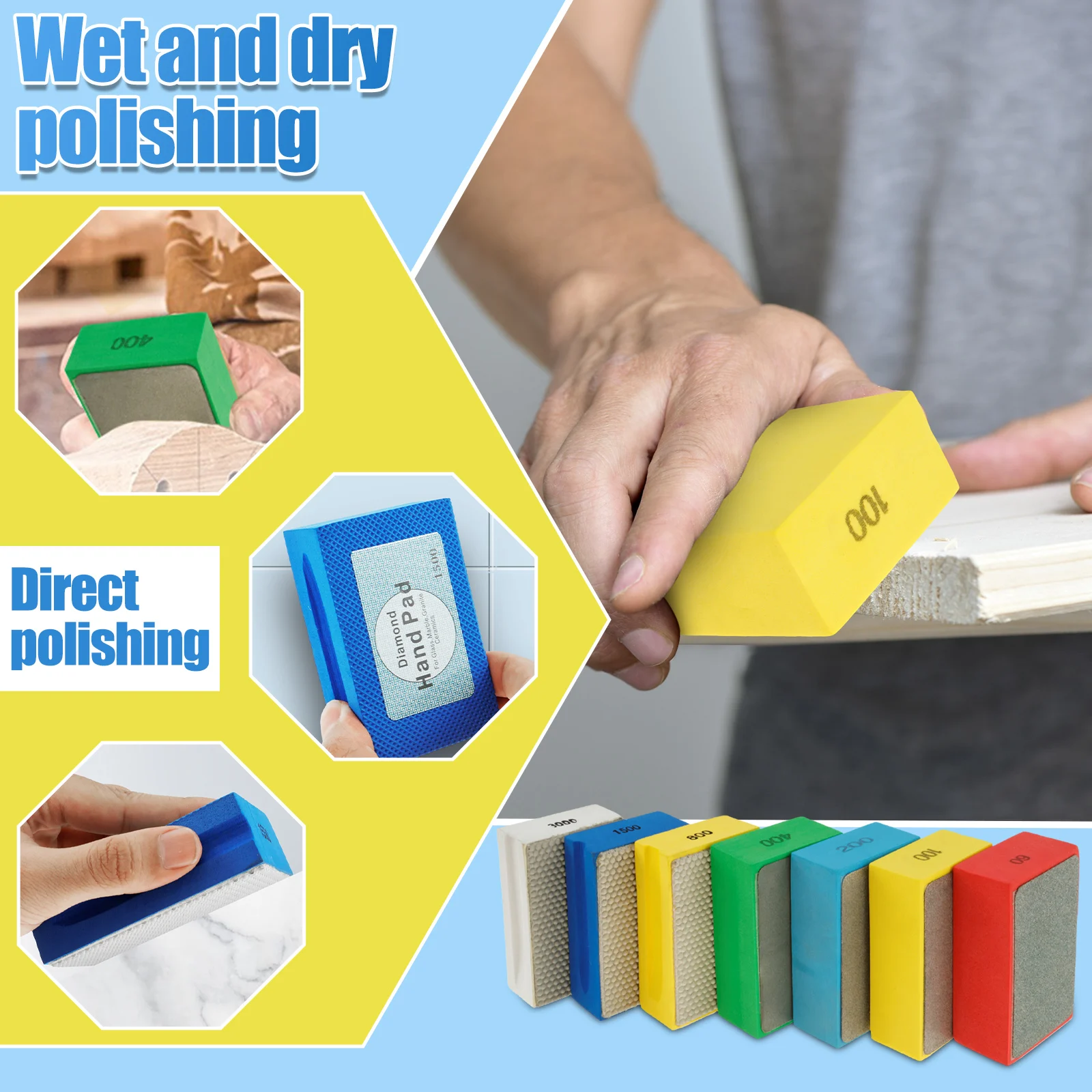 7/4PCS Diamond Hand Polishing Pads 60-3000 Grit  Abrasive Grinding Block Pad Wet  Dry Sanding Block with Sponge for Glass Tile