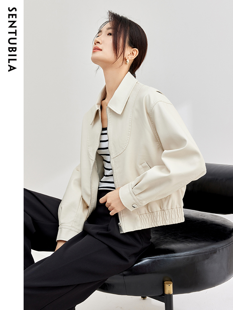 SENTUBILA-Chaqueta corta de piel sintética para mujer, Cazadora Bomber con solapa y cremallera, color negro, para otoño e invierno, W33G50291, 2023