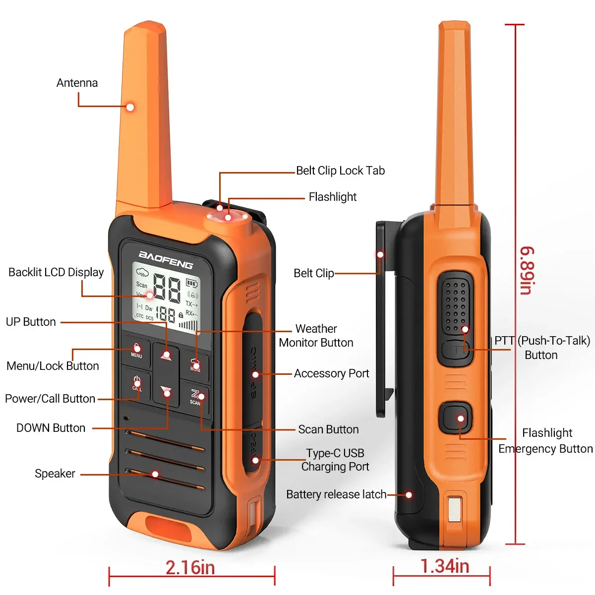 2PCS Baofeng F22 Walkie Talkie PMR FRS Long Range Mini Rechargable Type-C Charger Portable Two Way Radio For Hiking