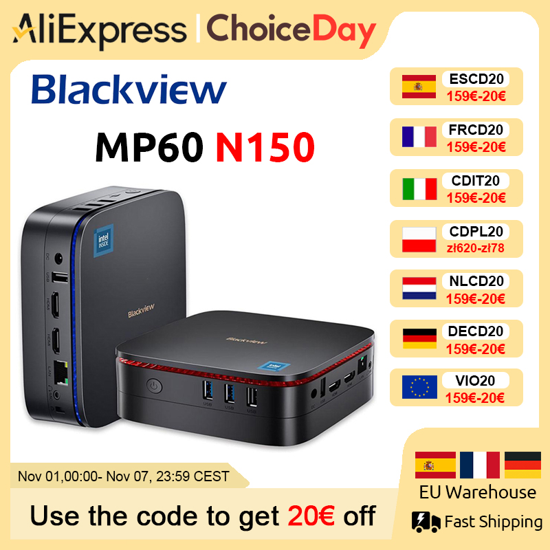 Blackview NIEUWE MP60 N150 Mini PC Windows 11 PC 16GB 512GB SSD Ondersteuning 4K UHD Display Doble HDMI Dual-Band WIFI Intel UHD Graphics