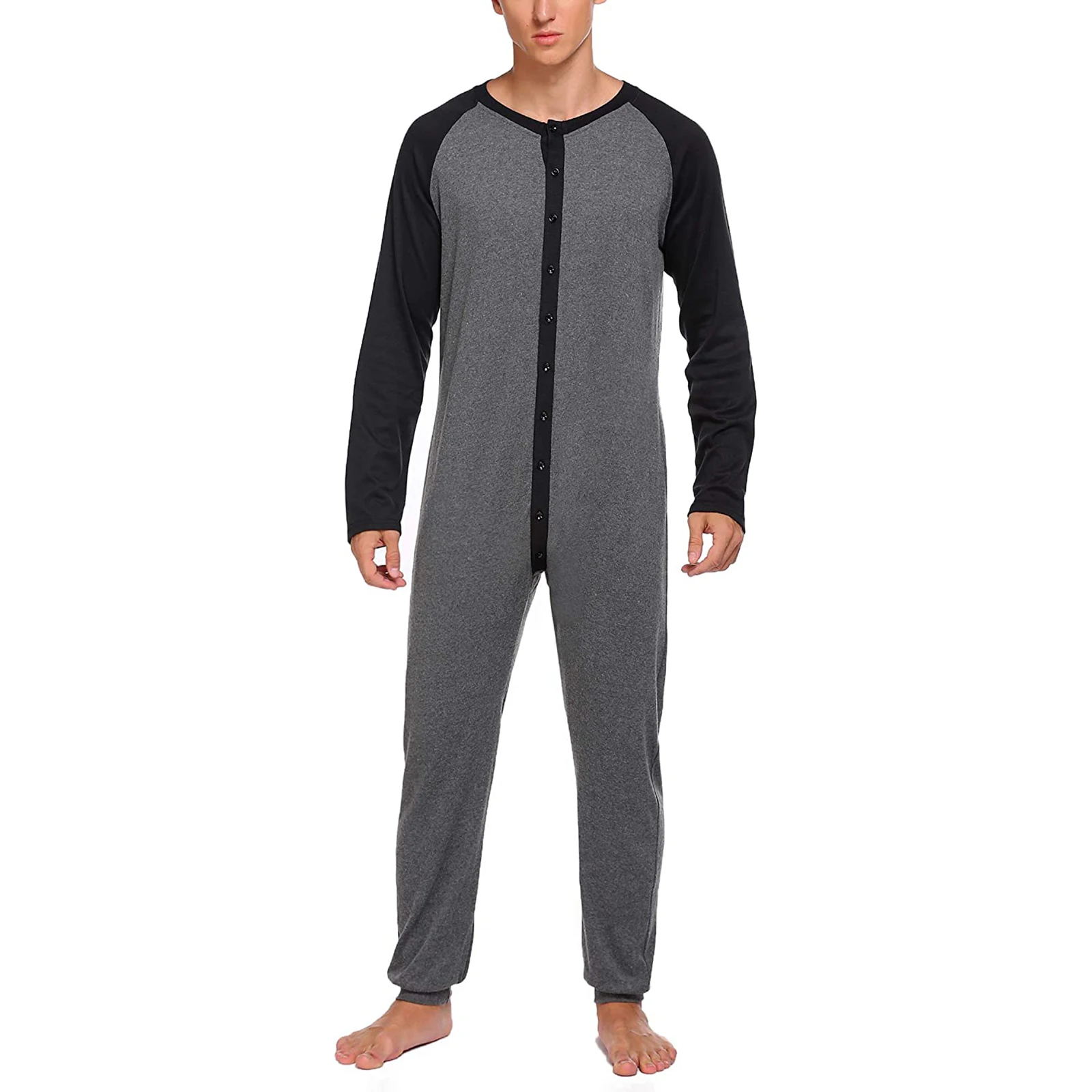 Herren-Pyjama mit Knopfleiste, langärmelig, Rundhalsausschnitt, Farbblock-Overall, Nachtwäsche für Erwachsene