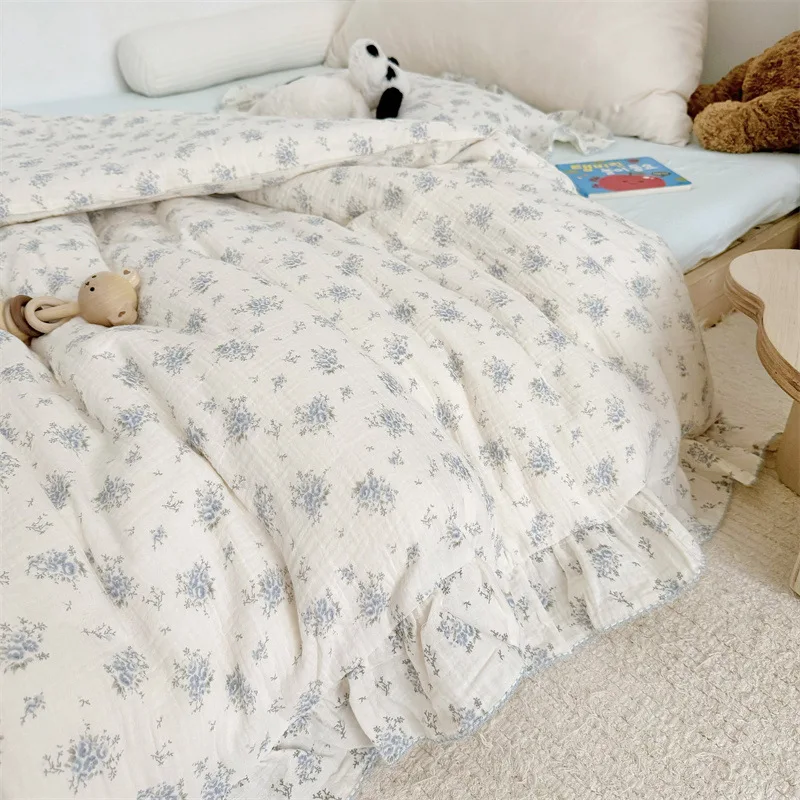 Hàn Quốc Bé Gái Cũi Bộ Chăn Ga Gối Thỏ Hoa Hồng Anh Đào In Hoa Cotton Muslin Cốt Chăn Ga Gối Bộ Túi Đựng Chăn Ga Áo Gối Chần Gòn
