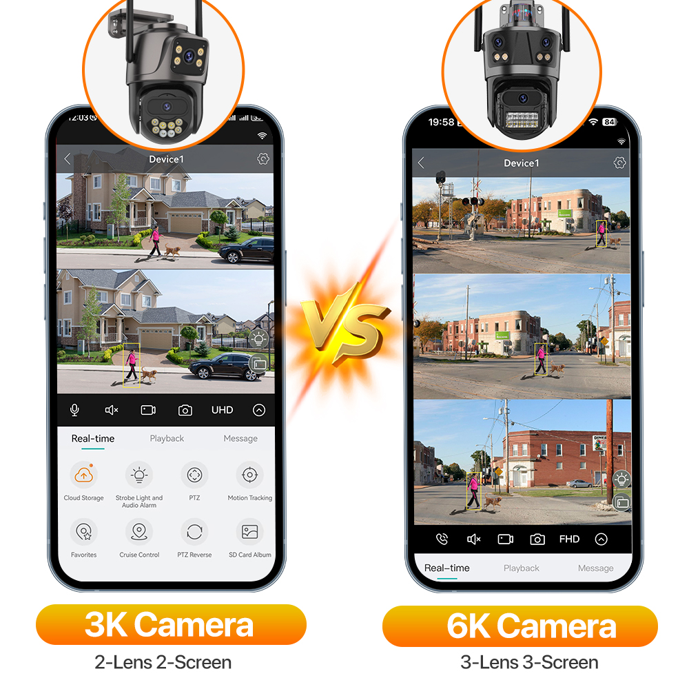 6K WiFi Camera 3 obiettivo telecamera PTZ a tre schermi 3K protezione di sicurezza Wireless Cam Ai rilevamento umano telecamera di sicurezza impermeabile