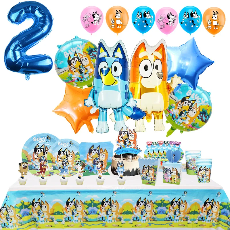 Bluey decoración de fiesta de cumpleaños globo de látex de aluminio azul y Bingo suministros para eventos para niños vajilla desechable Banner placa de fondo
