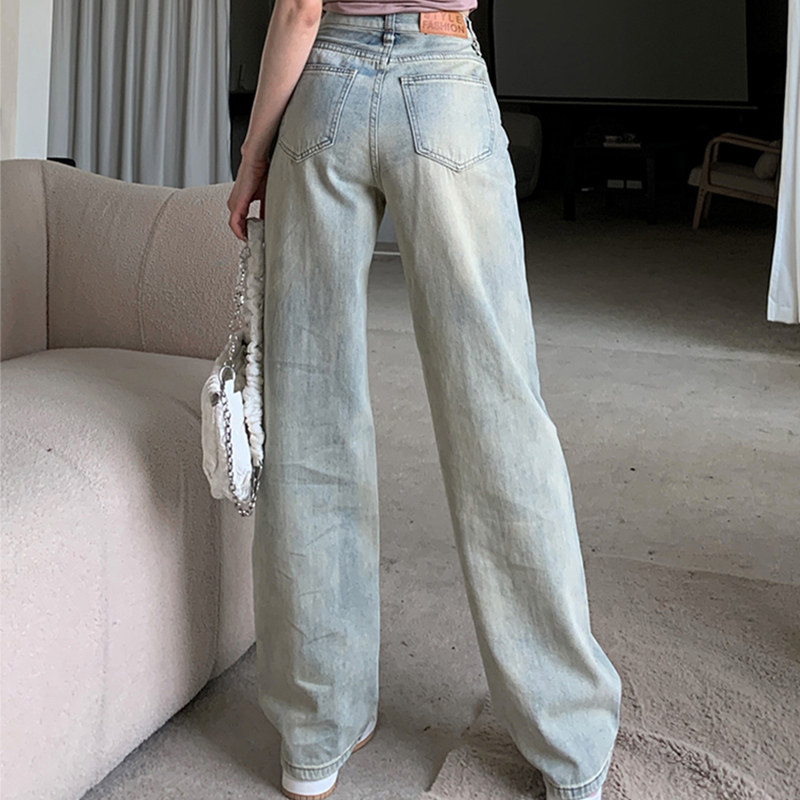 Retro Distressed Jeans mit weitem Bein für Damen, neue Frühjahr/Sommer, hohe Taille, lockere, schlanke Hose mit geradem Bein, minimalistische blaue Jeans