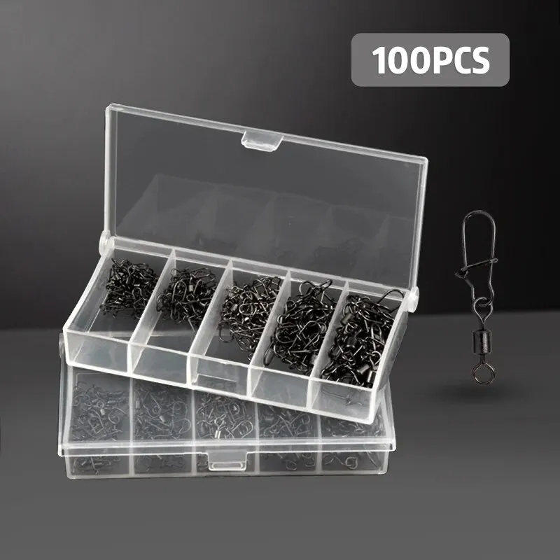 100PCS/Box  Fishing Connector Pin 4# 6# 8#10#12# Bearing Rolling Swivel With Snap Fishhook Lure Accessories