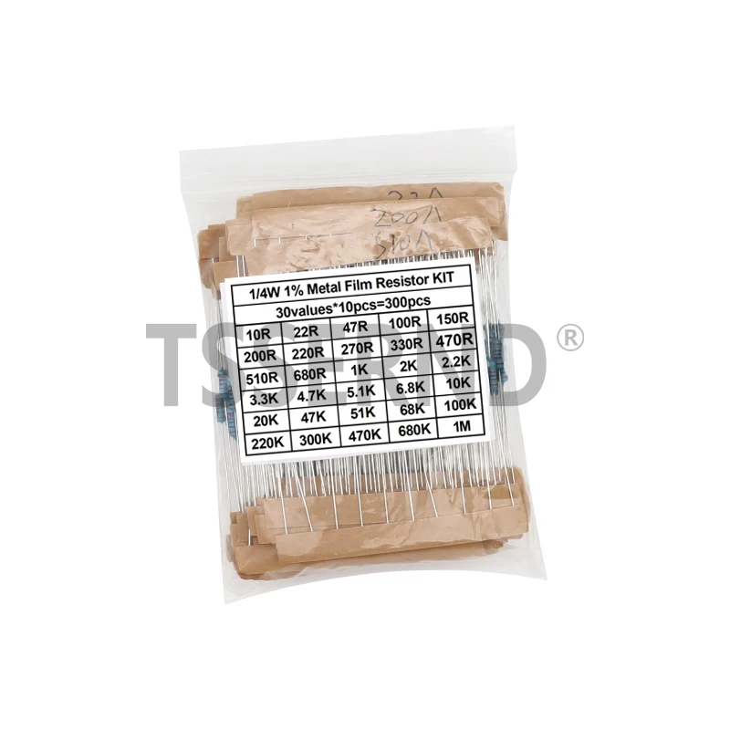 300Pcs 600Pcs 1/4W 금속 필름 저항기 키트 세트 30 값 저항기 팩, 10ohm ~1M 저항 1% 저항기 세트