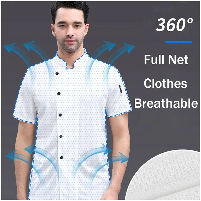 New 360°Breathable Mesh Chef Jacket Men Women Short Sleeve Cooking Shirt Cool Work Tops Food Service Black White Kitchen Outfit
