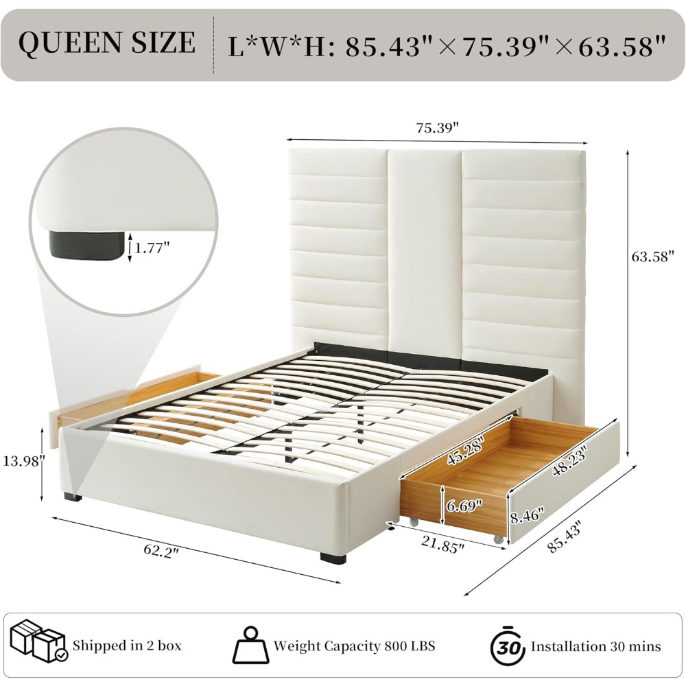 Queen Size Upholstered Bed Frame with Hidden Storage Drawers, Velvet Fabric, Modern Tufted Headboard, Heavy Duty Metal Frame, Ea