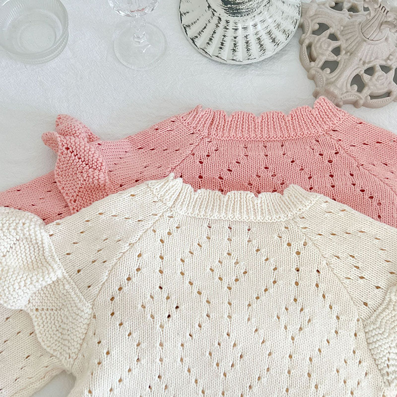 Bé Sơ Sinh Bé Gái Đan Bodysuits Đồng Màu Rỗng Dài Tay Thu Đông Xuân Trẻ Sơ Sinh Bé Gái Đan Jumpsuit