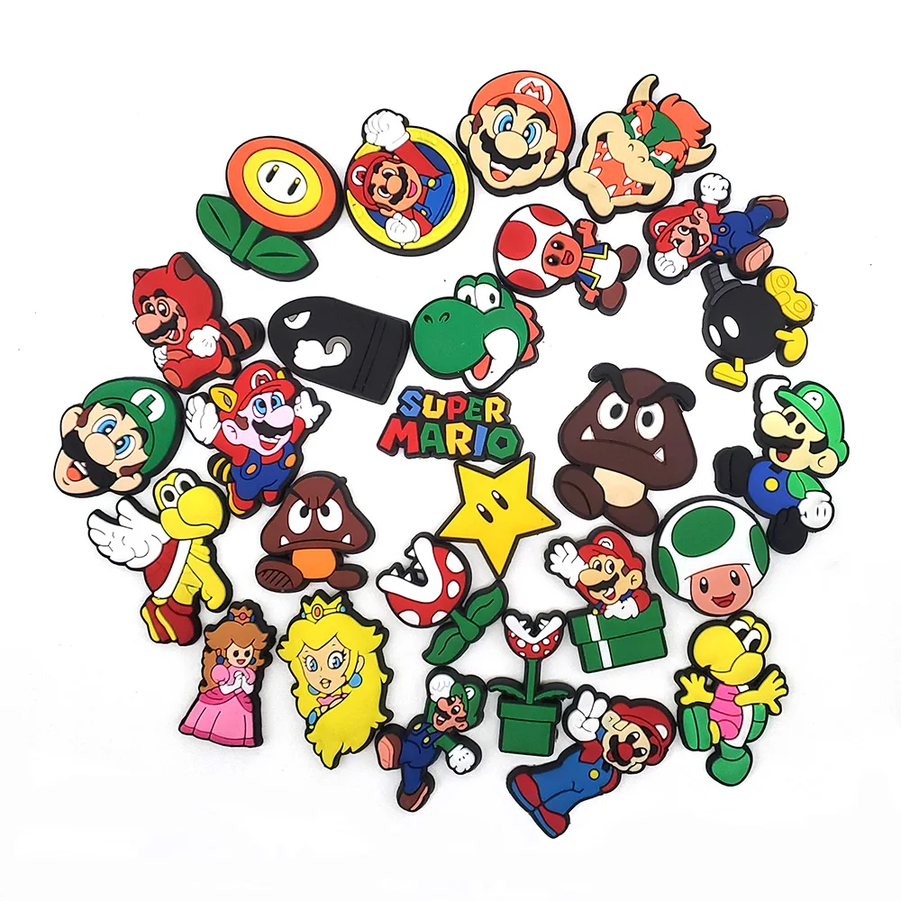 Miniso conjunto de amuletos de sapato da série mario, 27 peças, para tamancos, bolsa bogg, sandálias, decorações de sapato de pvc, acessórios de bolsa de praia
