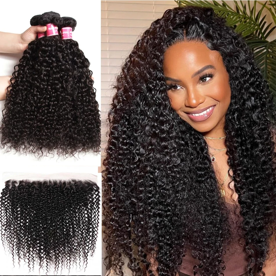 12a kinky encaracolado virgem pacotes de cabelo humano com frontal 13x4 brasileiro molhado e ondulado onda profunda pacotes com fechamento extensão do cabelo