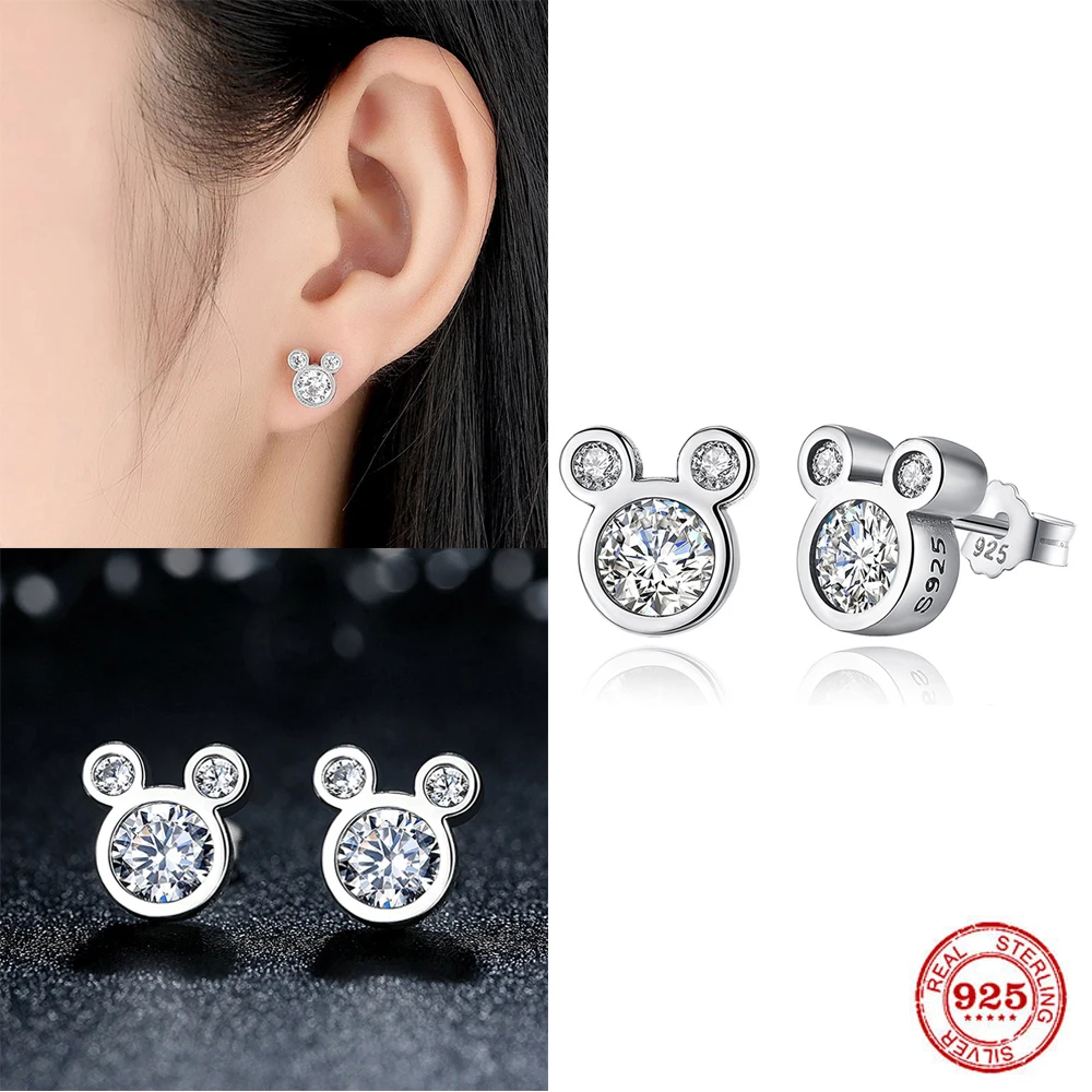 Venda quente 925 prata esterlina bonito deslumbrante mouse dos desenhos animados brincos para mulheres menina autêntico original jóias presente