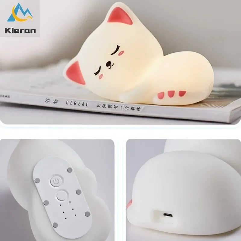 Gato de silicone macio sete cores led luzes da noite usb recarregável crianças bebê lâmpada chão criativo dos desenhos animados decoração do quarto luz