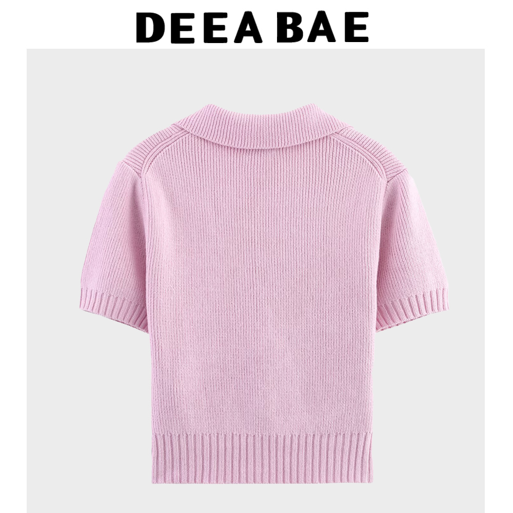 DEEABAE Feminino Coreano Estilo Casual Doce e Puro Desejo Arco Decoração Malha Manga Curta Lapela Top