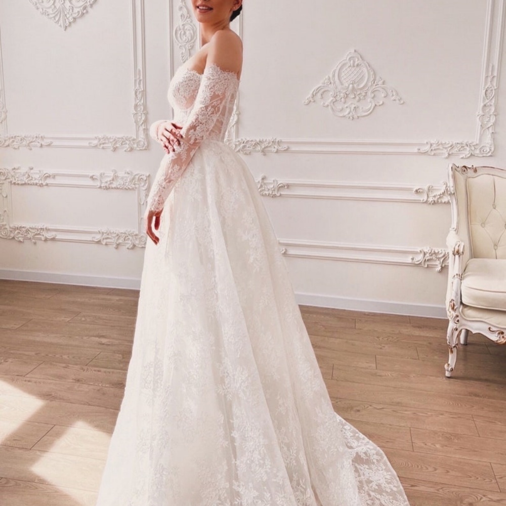 Cathy White Flowers Embroidery Lace Wedding Dresses Long Sleeves Strapless vestidos de noche Side Slit Customized Formal Evening