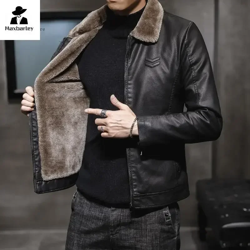 Herbst und Winter Lederjacke Herren Business Verdickter Kunstpelzkragen Winddichter warmer PU-Mantel Herren Marken-Motorradjacke