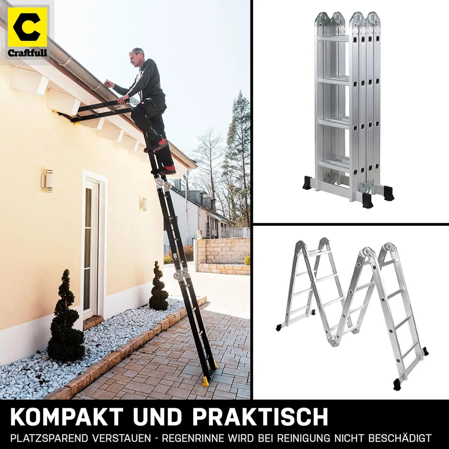Mehrzweck leiter, 6-in-1, 4x4, 1-16 Sprossen, 475 cm Gesamtlänge, Gelenk leiter, Silber.