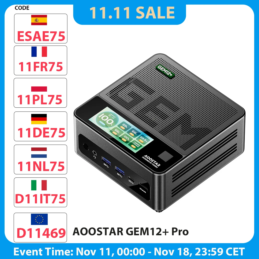 AOOSTAR GEM12 Pro Max Mini-PC mit Display, Fingerabdruck-Entsperrung, AMD Ryzen 7 8845HS 8 Core Max 5,1 GHz, 32 GB DDR5 RAM 1 TB SSD