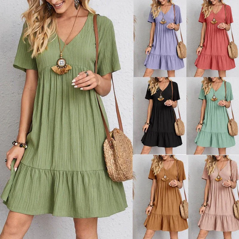 2025 vestido suelto de manga corta con cuello en V plisado para mujer, vestidos de playa acampanados de Color sólido, ropa elegante Simple y cómoda para mujer