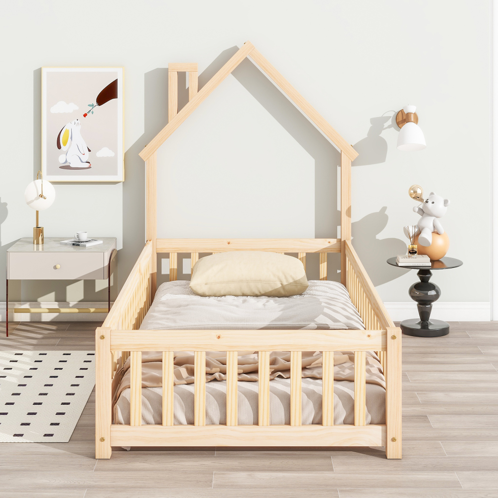 Twin House-Shaped Headboard Floor Bed with Fence,Natural