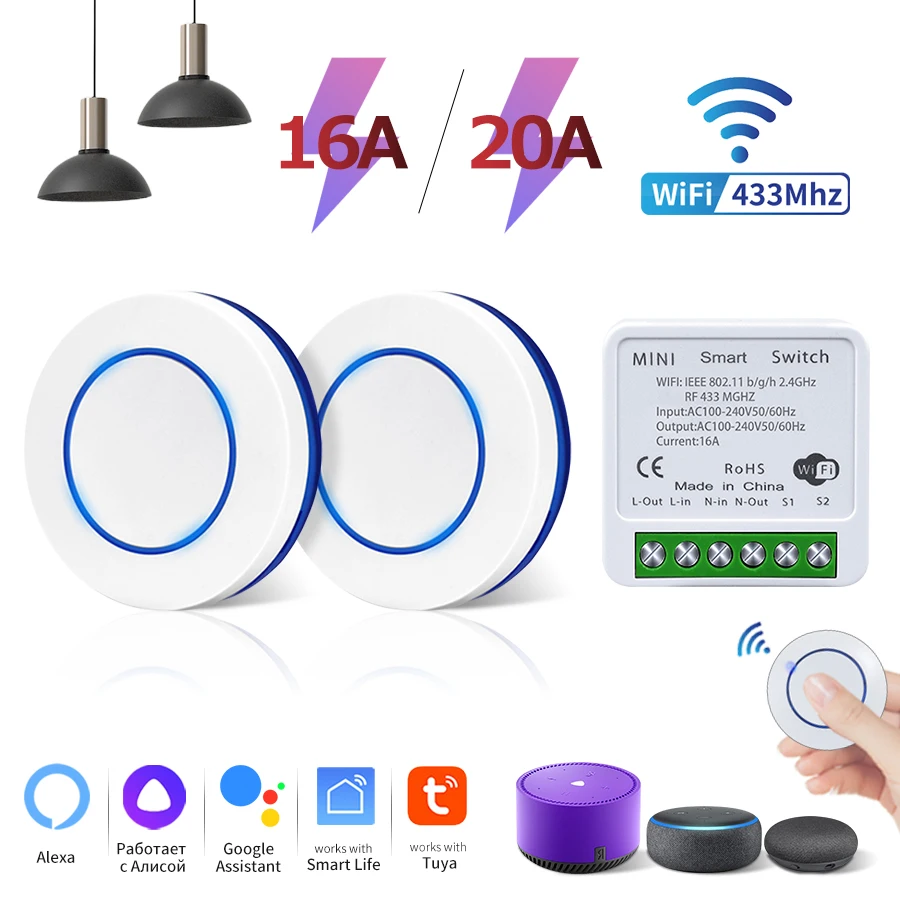 Wifi Tuya Smart Switch RF 433MHz 16/20A Alexa Google Assistent Alice Draadloos Relais DIY Mini Module voor Wandpaneel Led Verlichting