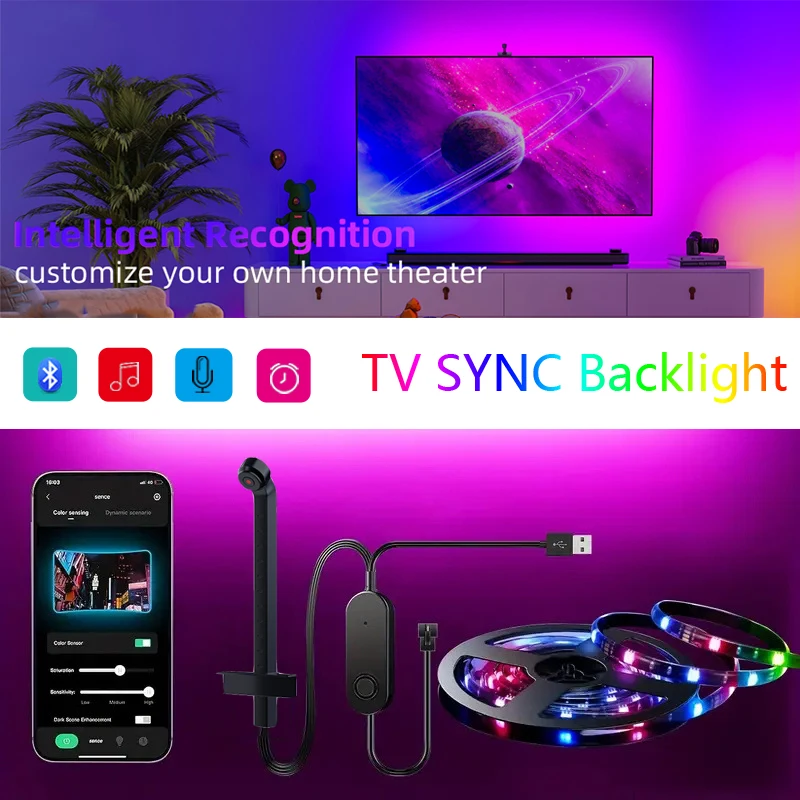 PC/TV SYNC Backlight USB RGBIC LED Strip Flexible Lamp Tape with Color Capture Sensor Bluetooth APP Music SYNC for Rome Decor