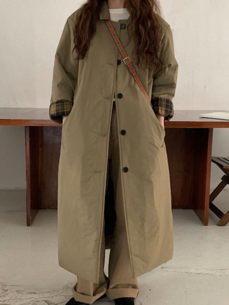 Herfst Winter Koreaans Leger Groen Warm Jasje Revers Geruite Mouwen Rechte Jas Mode Medium Lange Dames Puffer Gewatteerde Buitenkleding