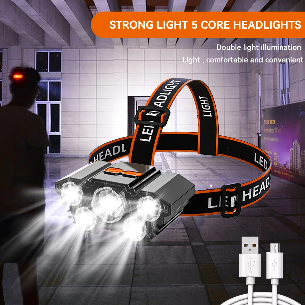 Linterna frontal LED recargable por USB, 5 cuentas de lámpara, 4 modos, batería de litio recargable incorporada, faro ligero, diadema elástica