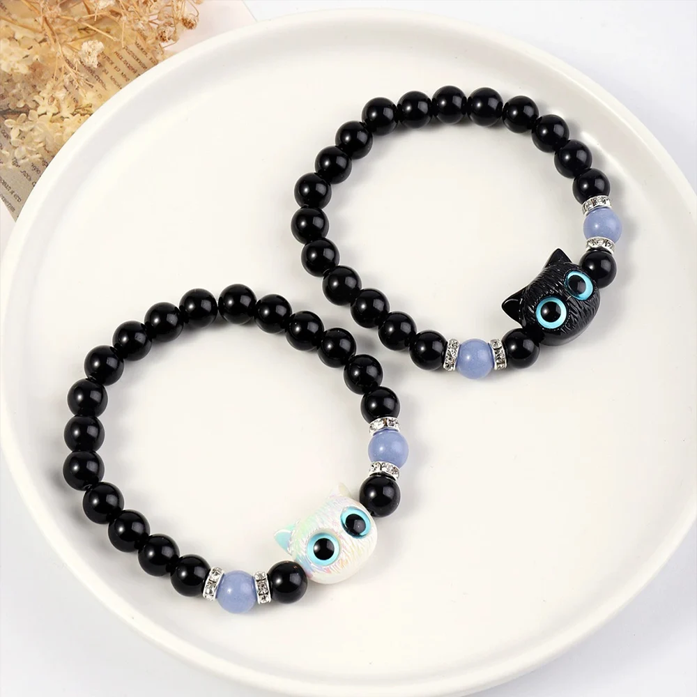 1 PC Matching Bracelets Couples Women Men Luminous Cute Cat Friendship Bracelete Black White Cat Head Bead Strand Bracelet