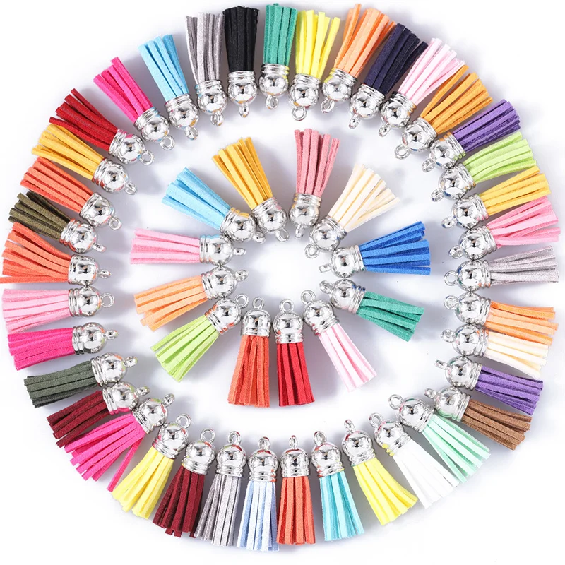 10 stücke/20 stücke 36mm Leder Quaste Charms Silber Farbe Kappe Ohrring Schlüsselbund Anhänger Riemen Wildleder Quasten Diy schmuck Zubehör