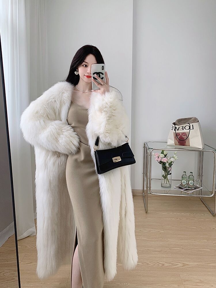 Women's Long Thickened 2024 New Sle Fox Fur Coat Young Sle over Knee Slimming Coat V-Neck Long Sleeve Business Casual Coat