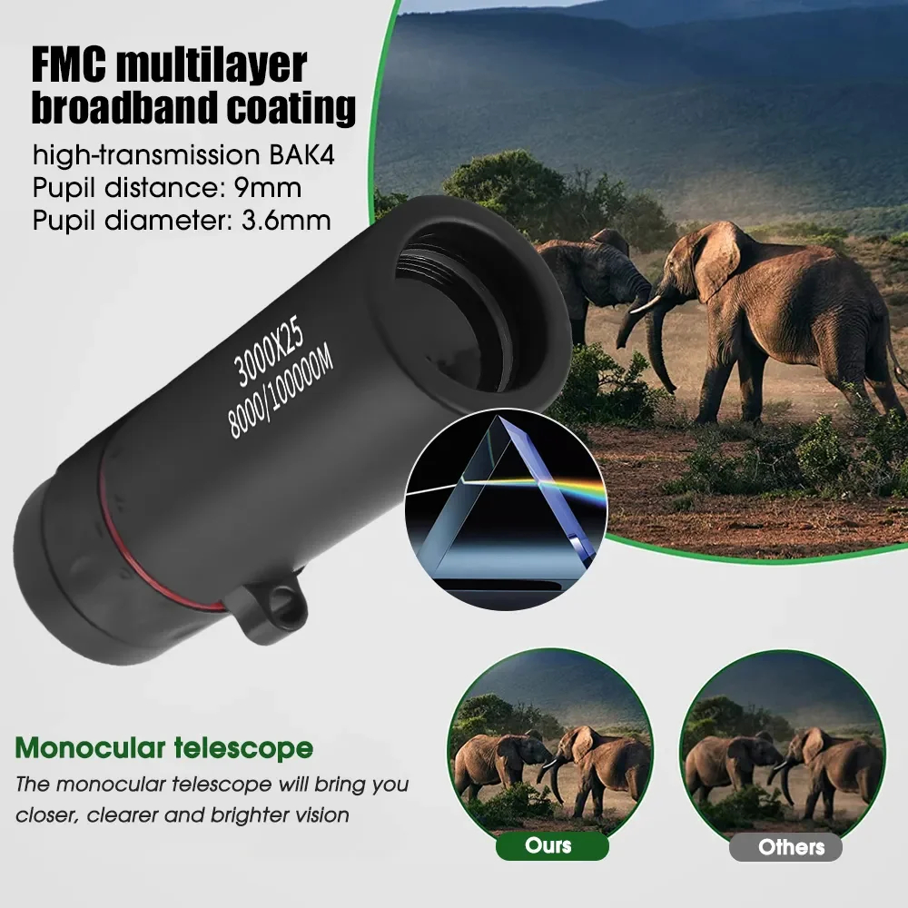 3000x25 Long Range HD Professional Adult Monocular and Mini Portable Telescope for outdoor camping and hunting