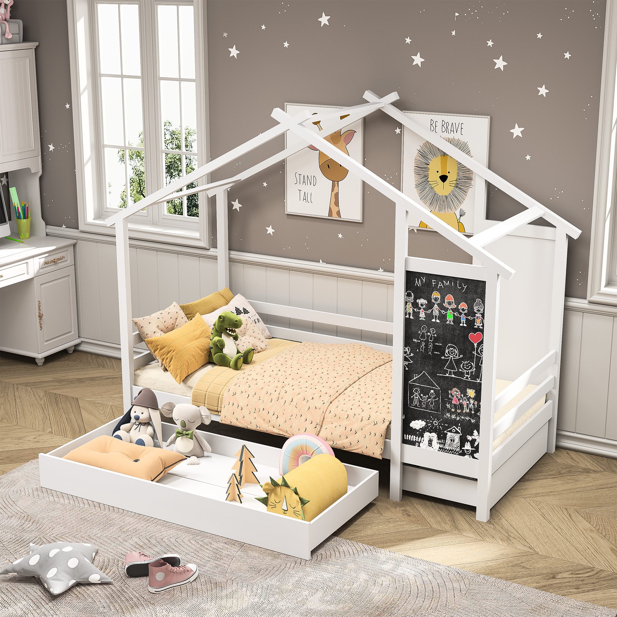 Kinder bett 90x200, kreatives Hausbett mit Stauraum und 2 Schubladen, Boden bett aus Massivholz mit Zaun und Lattenrost