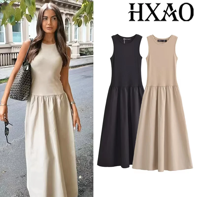 HXAO-Vestidos largos elegantes de color caqui para mujer, Vestidos negros sin mangas de primavera 2021, vestido informal de moda para fiesta Y2k, Vestidos para mujer