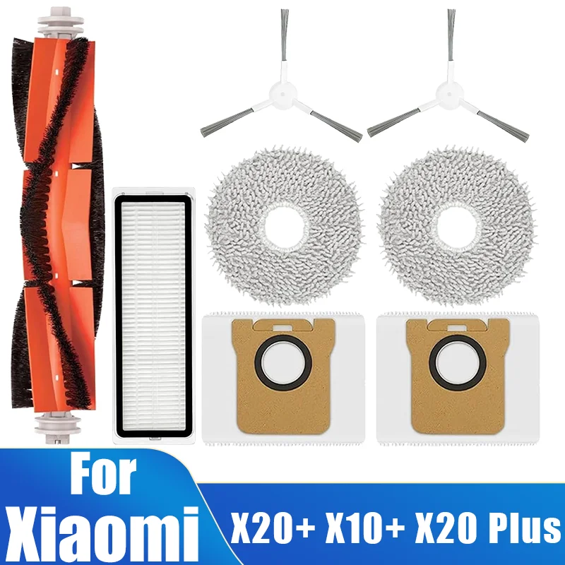 Części zamienne do Xiaomi Robot Vacuum X20+ X10+ X20 Plus X10 Plus, szczotka główna boczna, filtr Hepa, mop, worek na kurz