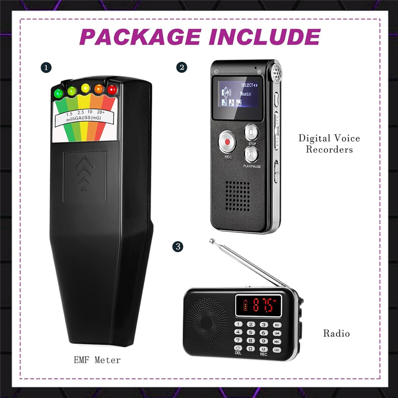 B03b-kit de equipamentos inclui 1 peça gravador de áudio de 8gb 1 peça detector emf medidor emf detector de campo magnético para pesquisa
