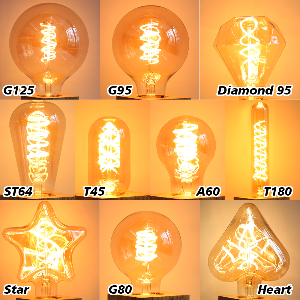 레트로 에디슨 E27 E14 LED 전구 220V 다이아몬드 사랑 ST64 A60 G80 G95 G125 T185 빈티지 유리 전구 램프 홈 장식 조명