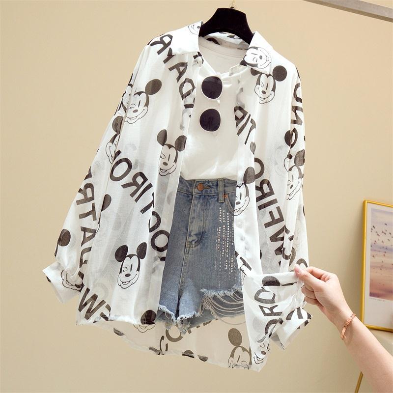 Blusa de Mickey Mouse para mujer, camisa de manga larga para mujer, camisas de playa, ropa de verano de dibujos animados Kawaii de Disney, Top informal para cubrir