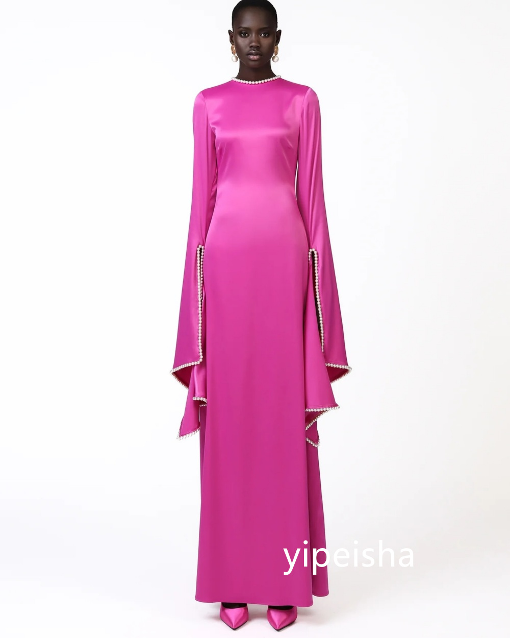 Customized Chinese Style Jersey Pearl A-line Scoop Neck Long Dresses Prom Dresses Classic Exquisite Modern Style Pastrol Unisex 