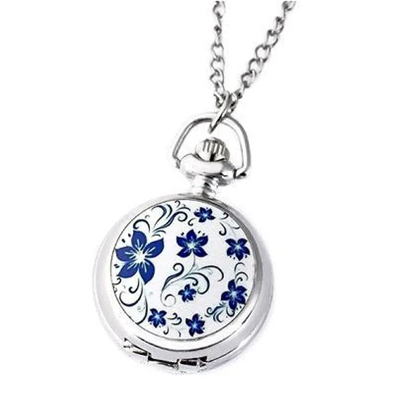 Cặp Đôi Các Mô Hình Cổ Điển Thời Trang Retro Thạch Anh Nhỏ Bạc Lotus Xanh Dương Hoa Đồng Hồ Bỏ Túi