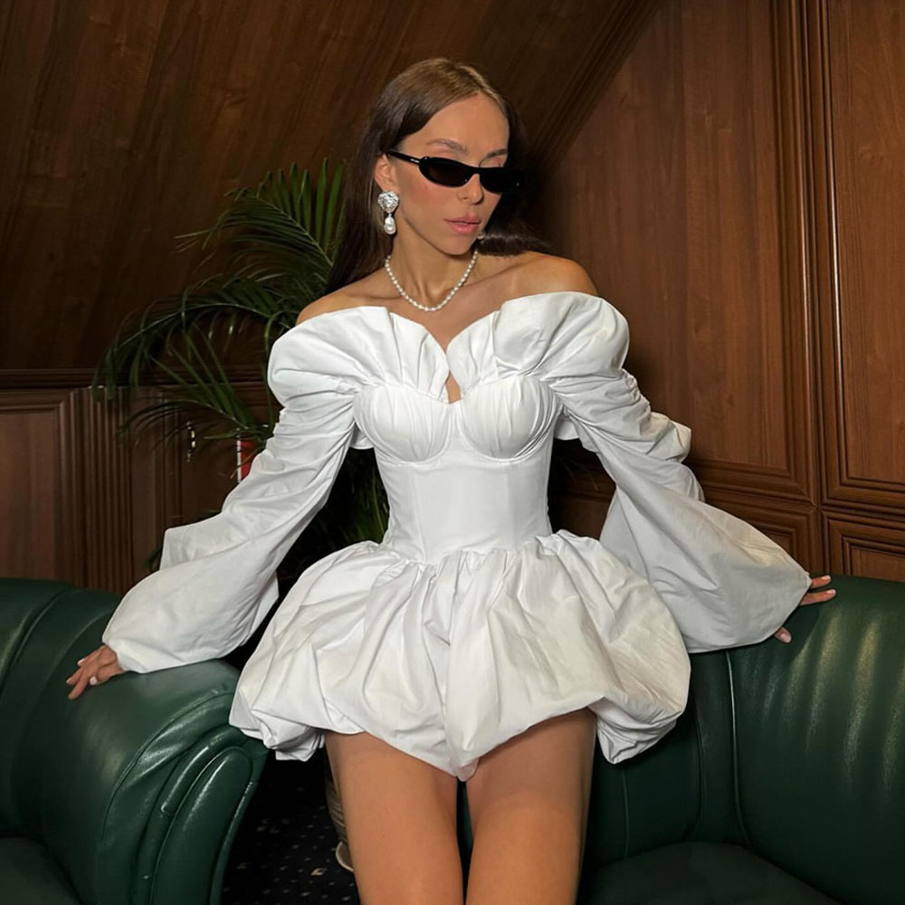 Serendipidty branco fora do ombro vestido de cetim manga longa fofo inchado vestidos de festa sempre bonito dobras rendas voltar vestido de cocktail